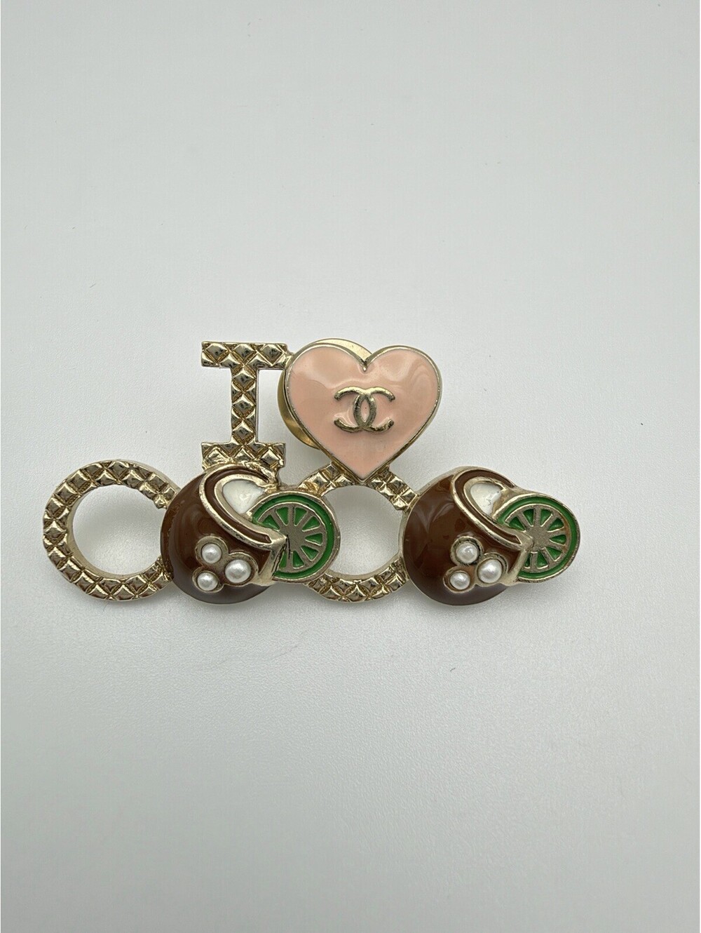 Authentic Chanel I love COCO Heart Coconut & Lime Motif Ladies Brooch Pin